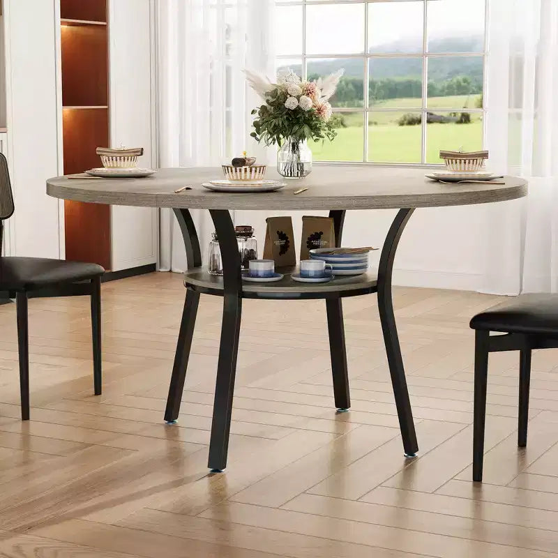 Table à manger ronde de ferme 47 pour 46 personnes, Table de cuisine et de petit-déjeuner en bois rustique avec étagère de rangement, Conception peu encombrante pour petits appartements