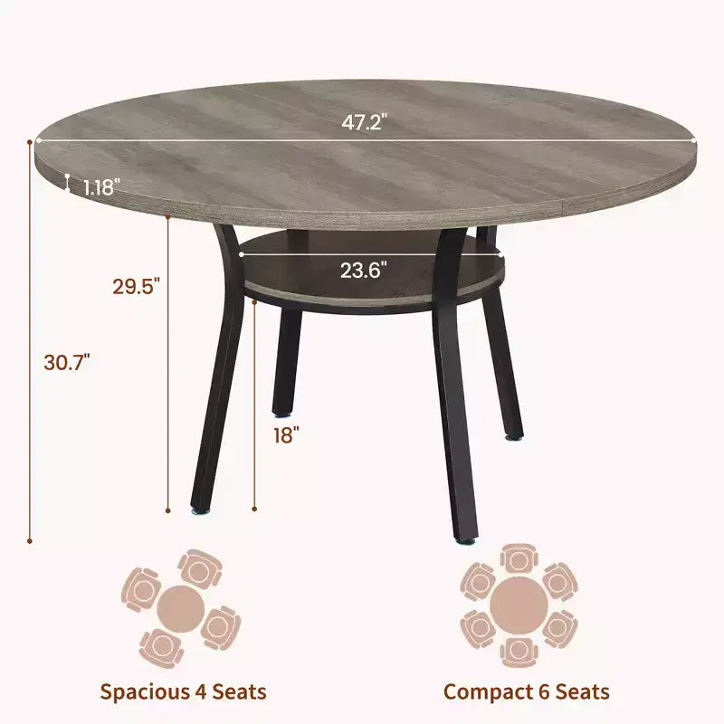 Table à manger ronde de ferme 47 pour 46 personnes, Table de cuisine et de petit-déjeuner en bois rustique avec étagère de rangement, Conception peu encombrante pour petits appartements