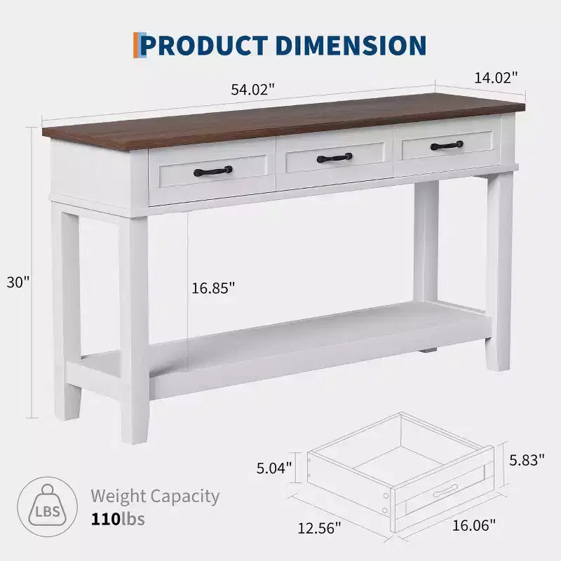 Acekool 54 Table d'entrée de ferme avec 3 tiroirs et 2 étagères ouvertes, console pour salon ou couloir