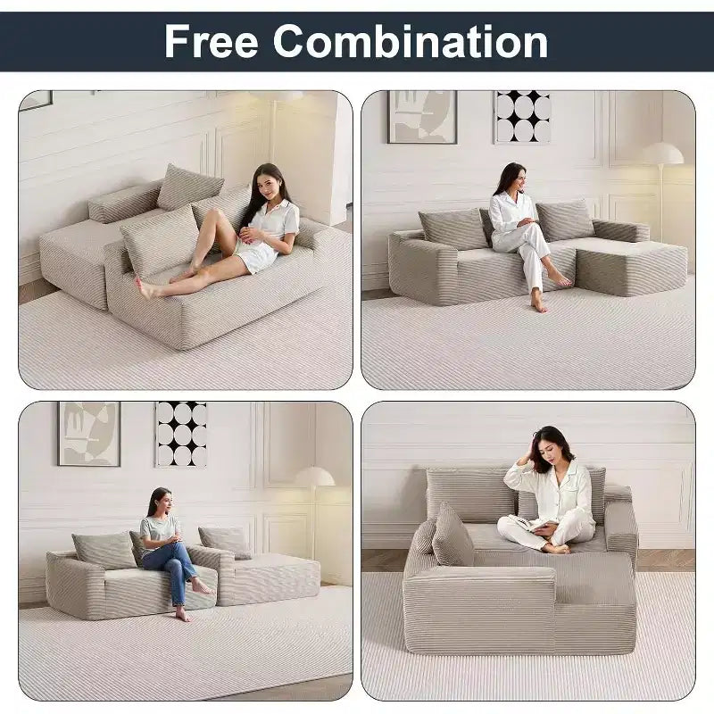 MooxvMoo Canapé d'angle confortable en velours côtelé avec méridienne, canapé sectionnel modulaire de 267 cm avec coussins et assise profonde, aucun assemblage requis, camel