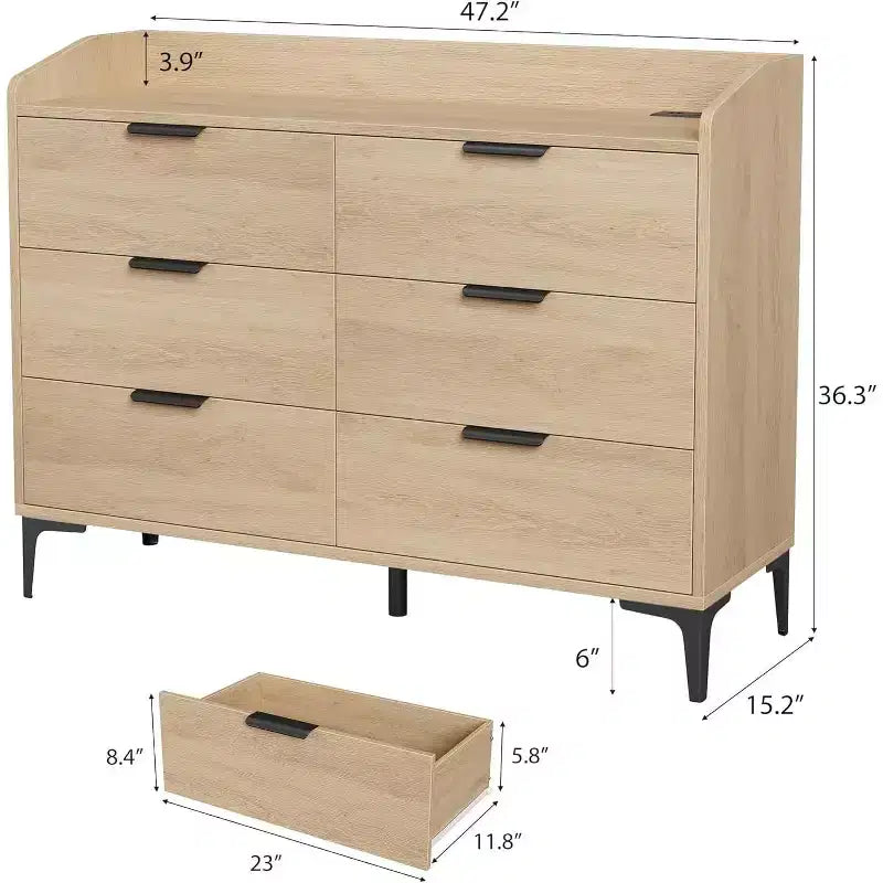 6 commodes pour chambre à coucher, commode de 120 cm de large avec prises de courant, commode de rangement en bois pour le salon