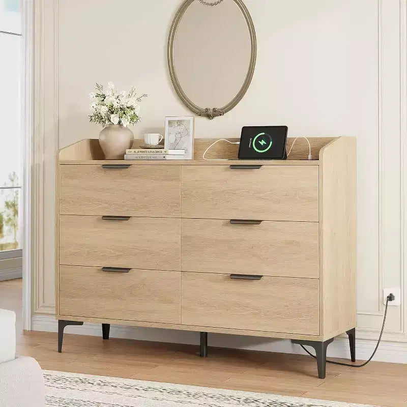 6 commodes pour chambre à coucher, commode de 120 cm de large avec prises de courant, commode de rangement en bois pour le salon