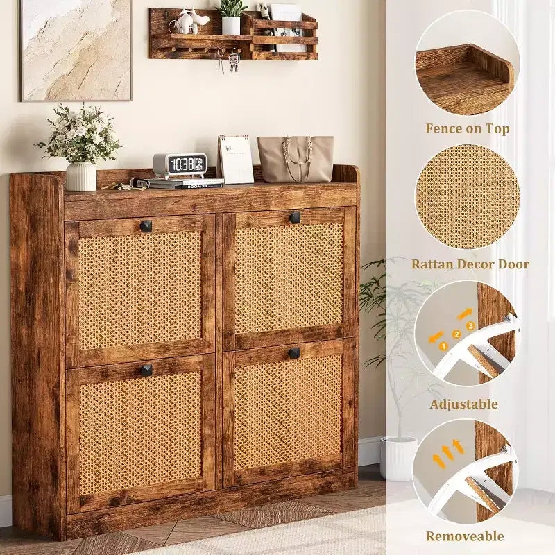 Meuble à chaussures en rotin avec 4 tiroirs basculants, Organisateur de chaussures autonome en bois avec étagères réglables, Rangement à chaussures pour entrée, placard