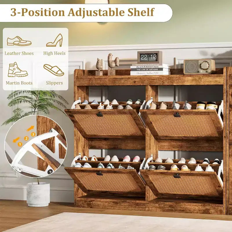 Meuble à chaussures en rotin avec 4 tiroirs basculants, Organisateur de chaussures autonome en bois avec étagères réglables, Rangement à chaussures pour entrée, placard