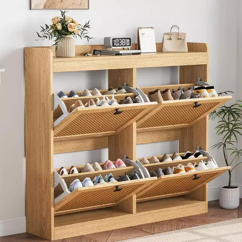 Meuble à chaussures en rotin avec 4 tiroirs basculants, Organisateur de chaussures autonome en bois avec étagères réglables, Rangement à chaussures pour entrée, placard