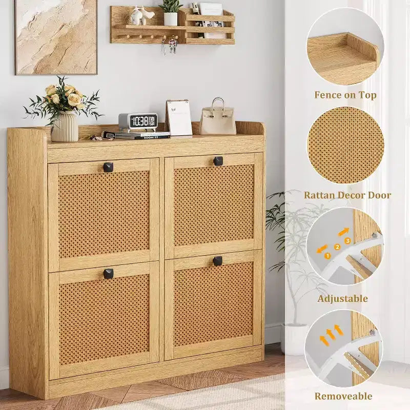 Meuble à chaussures en rotin avec 4 tiroirs basculants, Organisateur de chaussures autonome en bois avec étagères réglables, Rangement à chaussures pour entrée, placard