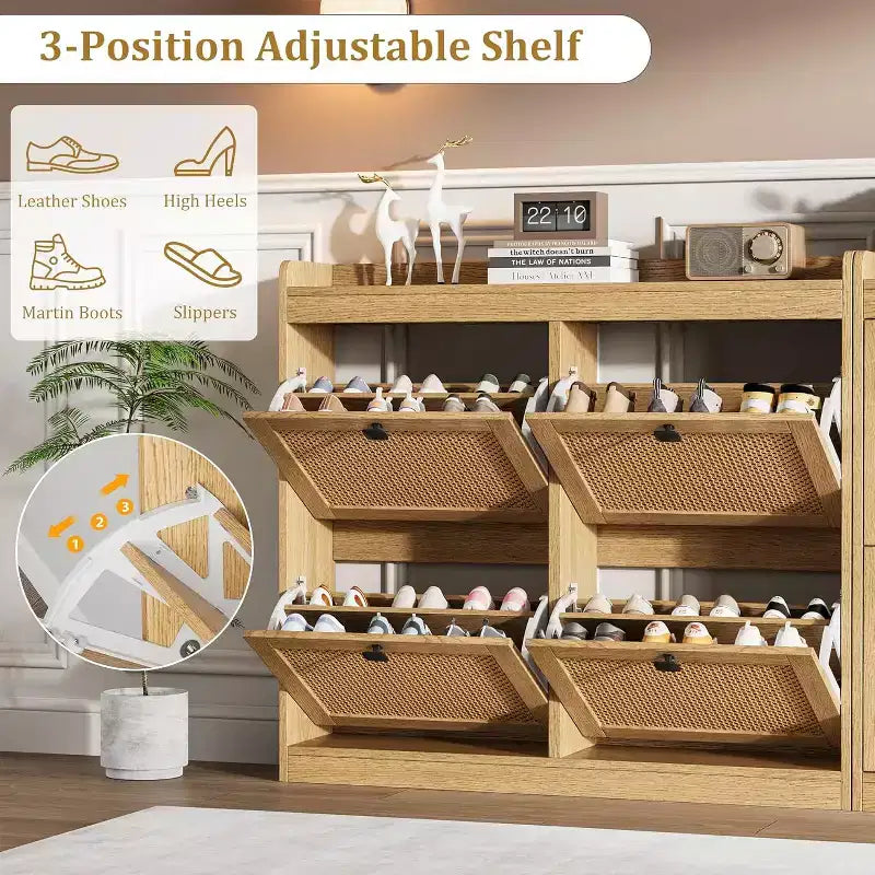 Meuble à chaussures en rotin avec 4 tiroirs basculants, Organisateur de chaussures autonome en bois avec étagères réglables, Rangement à chaussures pour entrée, placard