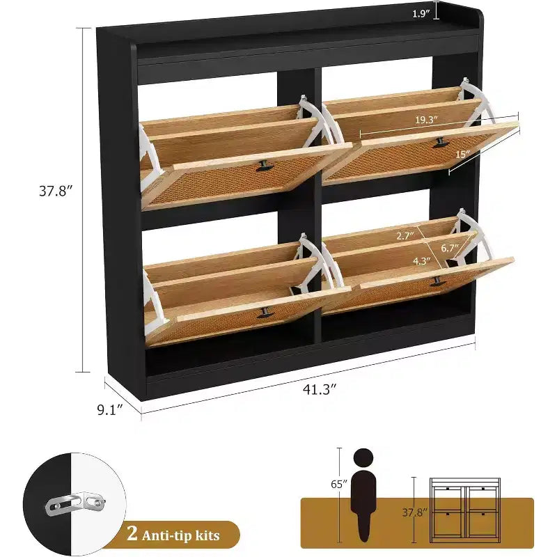 Meuble à chaussures en rotin avec 4 tiroirs basculants, Organisateur de chaussures autonome en bois avec étagères réglables, Rangement à chaussures pour entrée, placard
