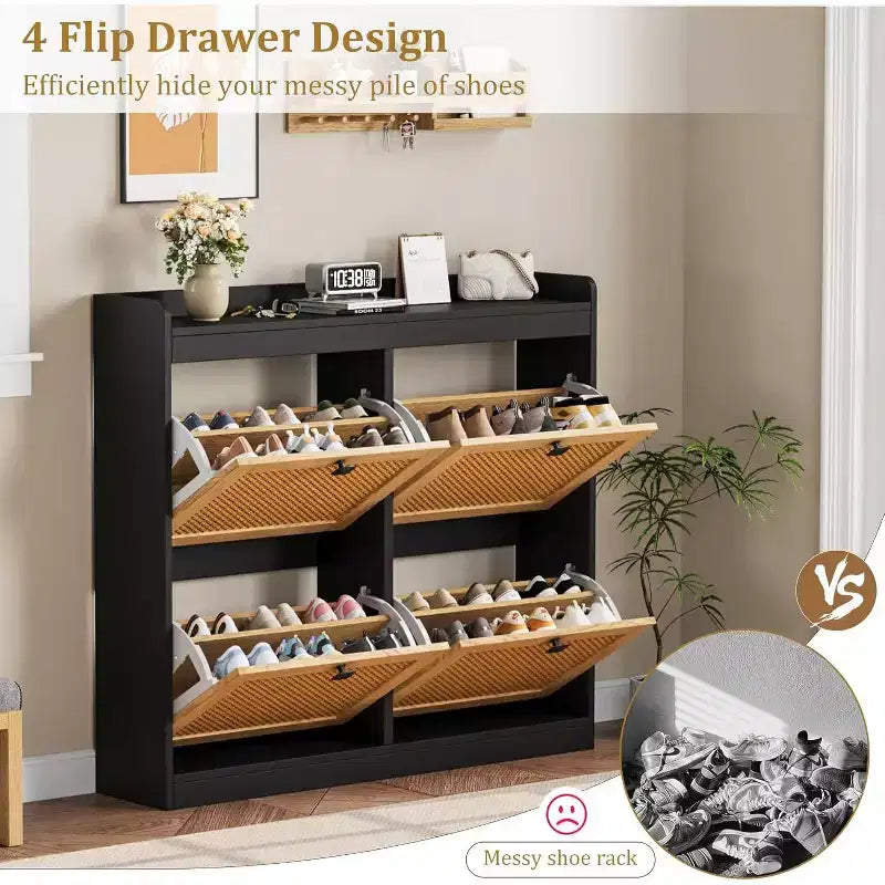 Meuble à chaussures en rotin avec 4 tiroirs basculants, Organisateur de chaussures autonome en bois avec étagères réglables, Rangement à chaussures pour entrée, placard