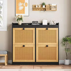 Meuble à chaussures en rotin avec 4 tiroirs basculants, Organisateur de chaussures autonome en bois avec étagères réglables, Rangement à chaussures pour entrée, placard