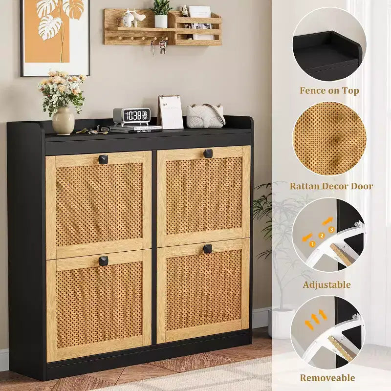 Meuble à chaussures en rotin avec 4 tiroirs basculants, Organisateur de chaussures autonome en bois avec étagères réglables, Rangement à chaussures pour entrée, placard
