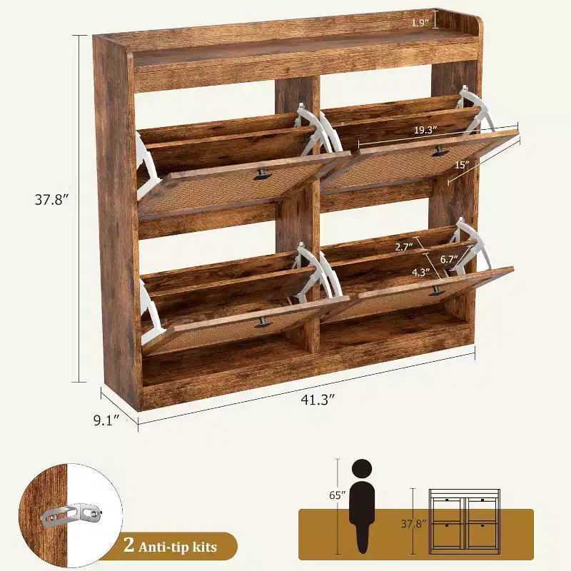 Meuble à chaussures en rotin avec 4 tiroirs basculants, Organisateur de chaussures autonome en bois avec étagères réglables, Rangement à chaussures pour entrée, placard
