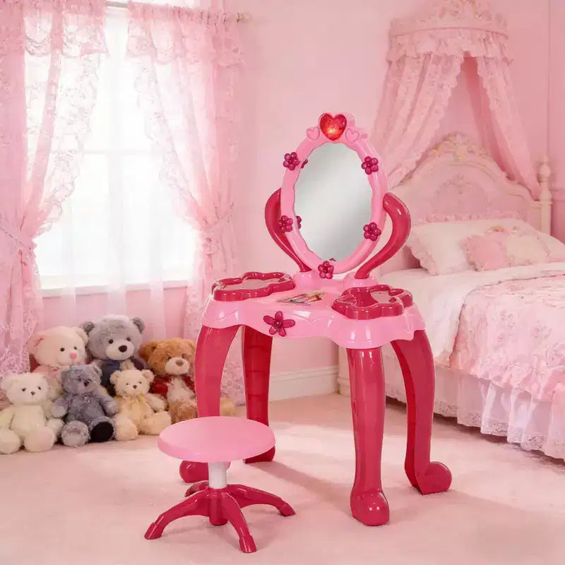 JVNOXK Coiffeuse pour enfants de 17 pouces, avec tabouret assorti et 15 accessoires de jeu, comprenant un miroir et un sèche-cheveux interactifs lumineux
