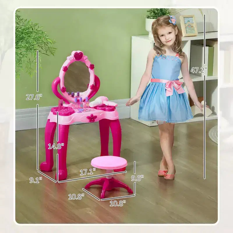JVNOXK Coiffeuse pour enfants de 17 pouces, avec tabouret assorti et 15 accessoires de jeu, comprenant un miroir et un sèche-cheveux interactifs lumineux