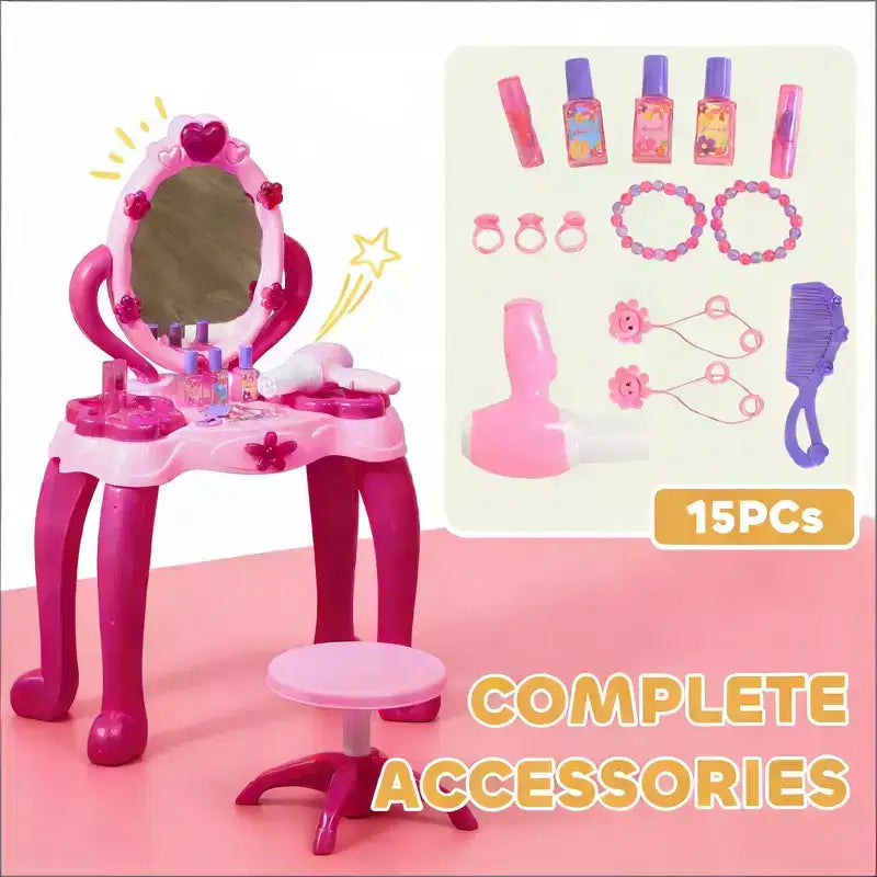 JVNOXK Coiffeuse pour enfants de 17 pouces, avec tabouret assorti et 15 accessoires de jeu, comprenant un miroir et un sèche-cheveux interactifs lumineux
