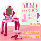 JVNOXK Coiffeuse pour enfants de 17 pouces, avec tabouret assorti et 15 accessoires de jeu, comprenant un miroir et un sèche-cheveux interactifs lumineux