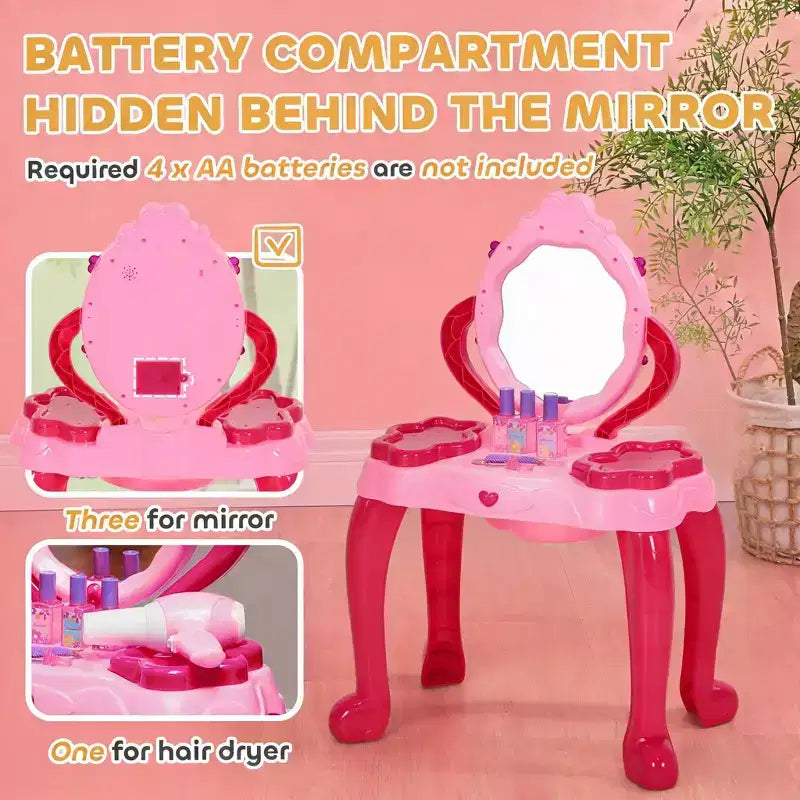 JVNOXK Coiffeuse pour enfants de 17 pouces, avec tabouret assorti et 15 accessoires de jeu, comprenant un miroir et un sèche-cheveux interactifs lumineux