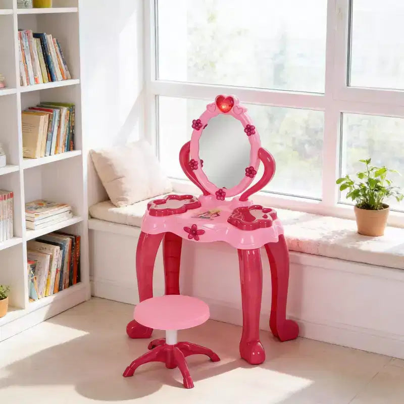 JVNOXK Coiffeuse pour enfants de 17 pouces, avec tabouret assorti et 15 accessoires de jeu, comprenant un miroir et un sèche-cheveux interactifs lumineux