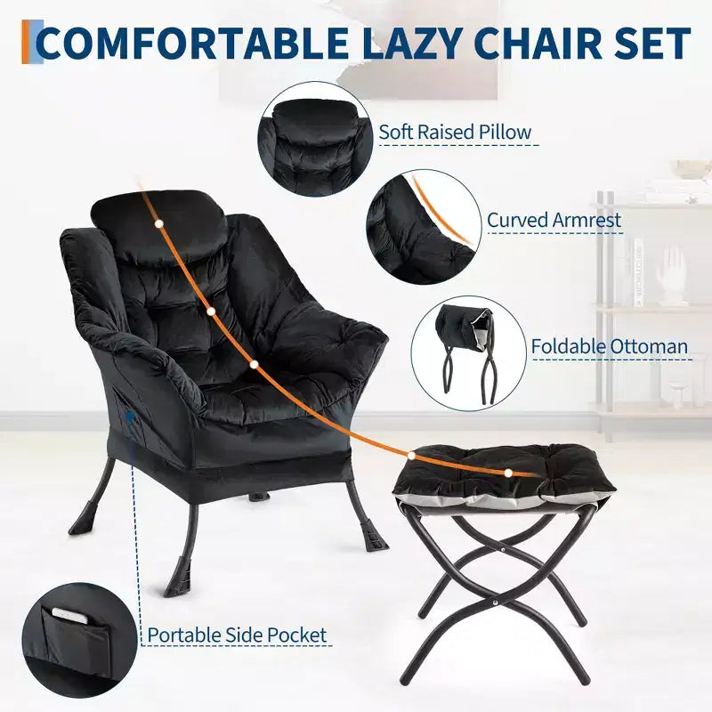 Fauteuil paresseux avec ottoman et pochette latérale - Fauteuil d'appoint moderne pour salon, chambre et bureau, siège de lecture confortable