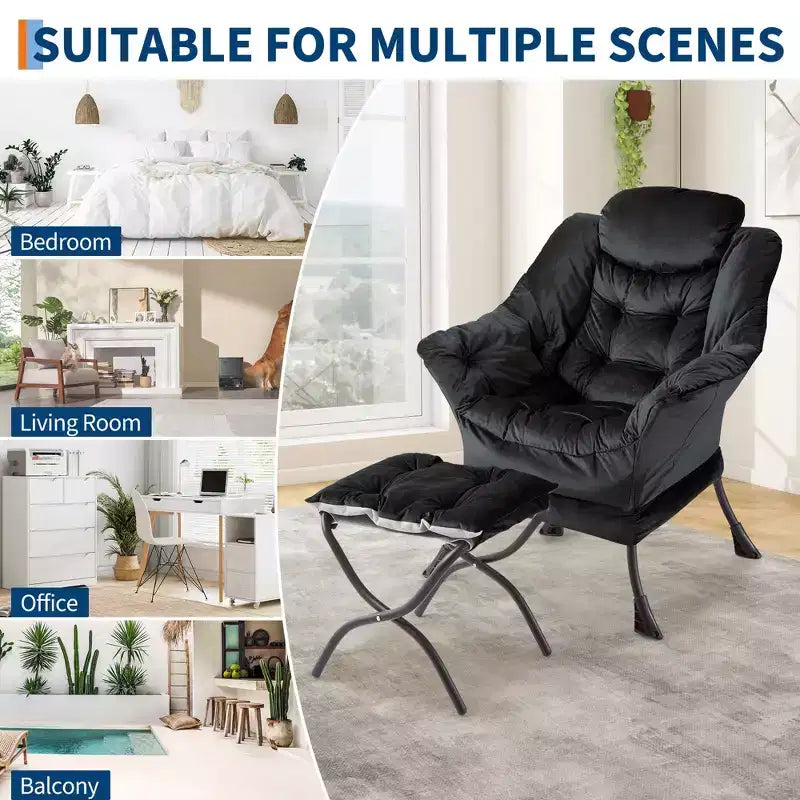 Fauteuil paresseux avec ottoman et pochette latérale - Fauteuil d'appoint moderne pour salon, chambre et bureau, siège de lecture confortable