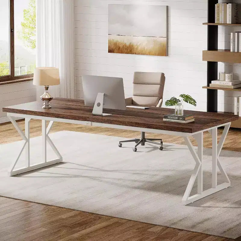 Grand bureau de direction Lantine de 78,74 pouces, table de travail et d'étude de bureau à domicile de style industriel, brun rustique/blanc