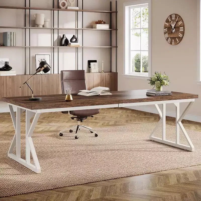 Grand bureau de direction Lantine de 78,74 pouces, table de travail et d'étude de bureau à domicile de style industriel, brun rustique/blanc