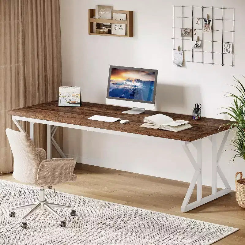 Grand bureau de direction Lantine de 78,74 pouces, table de travail et d'étude de bureau à domicile de style industriel, brun rustique/blanc