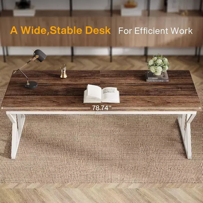 Grand bureau de direction Lantine de 78,74 pouces, table de travail et d'étude de bureau à domicile de style industriel, brun rustique/blanc
