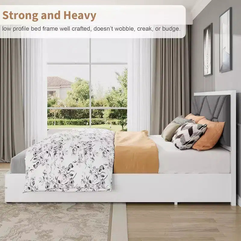 Cadre de lit moderne matelassé Acekool, lit plateforme blanc avec tête de lit pour chambre ou appartement