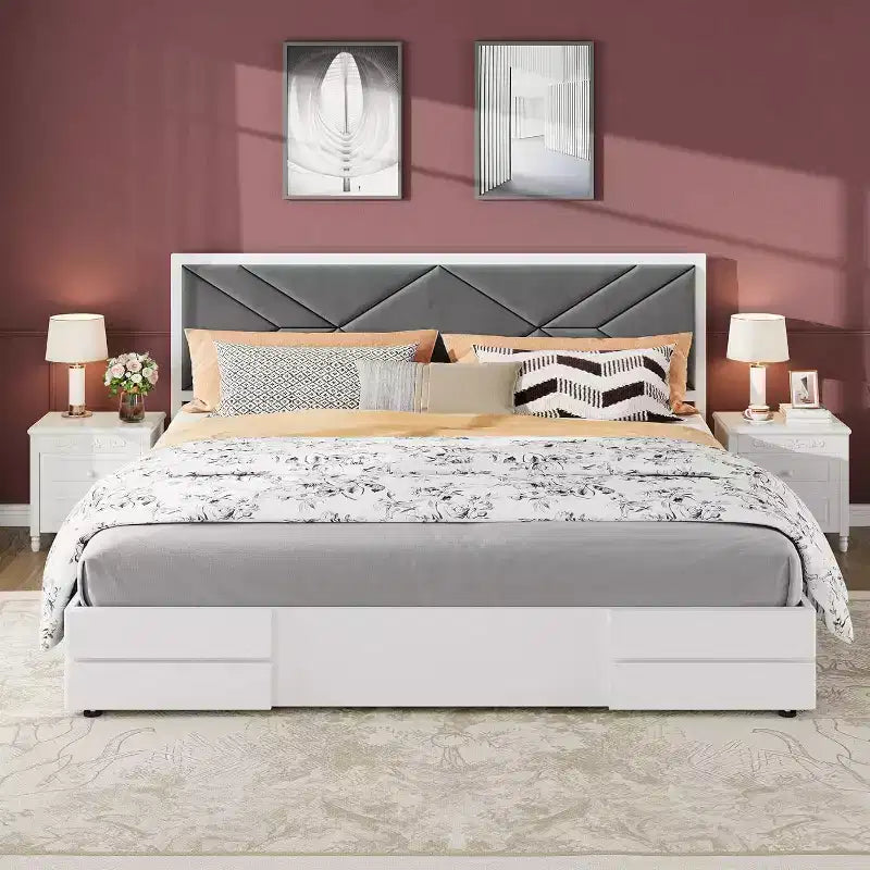 Cadre de lit moderne matelassé Acekool, lit plateforme blanc avec tête de lit pour chambre ou appartement