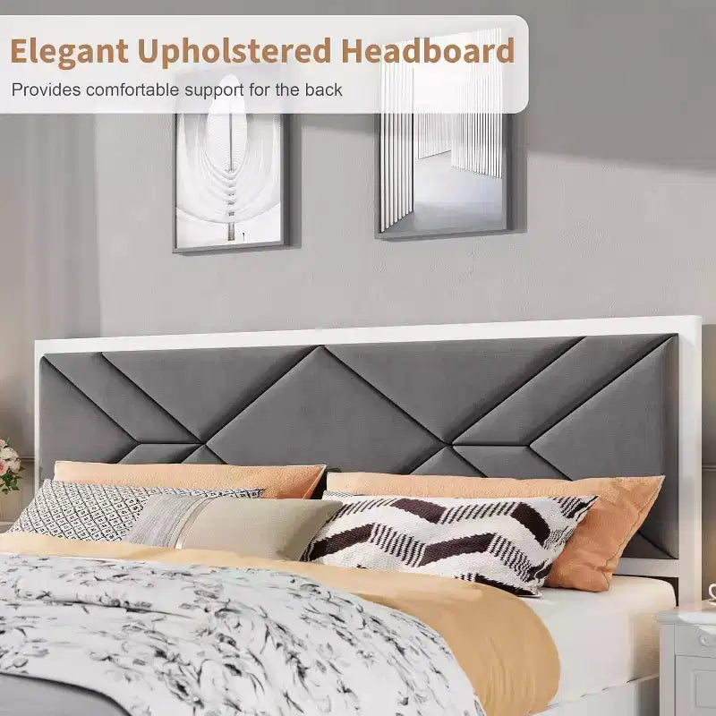 Cadre de lit moderne matelassé Acekool, lit plateforme blanc avec tête de lit pour chambre ou appartement