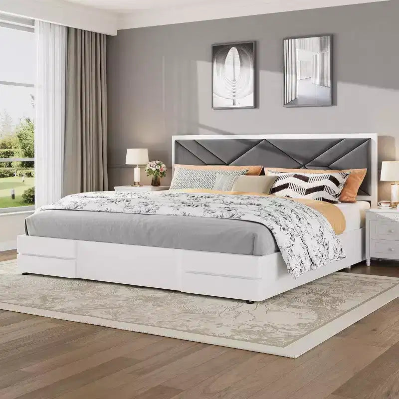 Cadre de lit moderne matelassé Acekool, lit plateforme blanc avec tête de lit pour chambre ou appartement