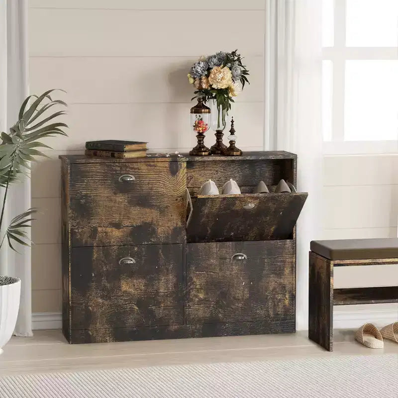 Meuble à chaussures en bois, meuble à chaussures fin et étroit dissimulé avec 4 tiroirs pour entrée, hall d'entrée, couloir, chambre