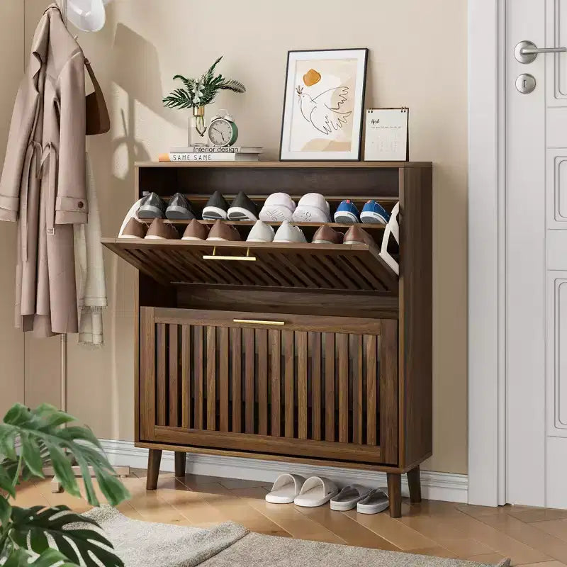JVNOXK Meuble à chaussures autoportant de style Mid-Century Moderne de 80 cm avec 2 tiroirs basculants, rangement à chaussures style clôture pour couloirs et entrées