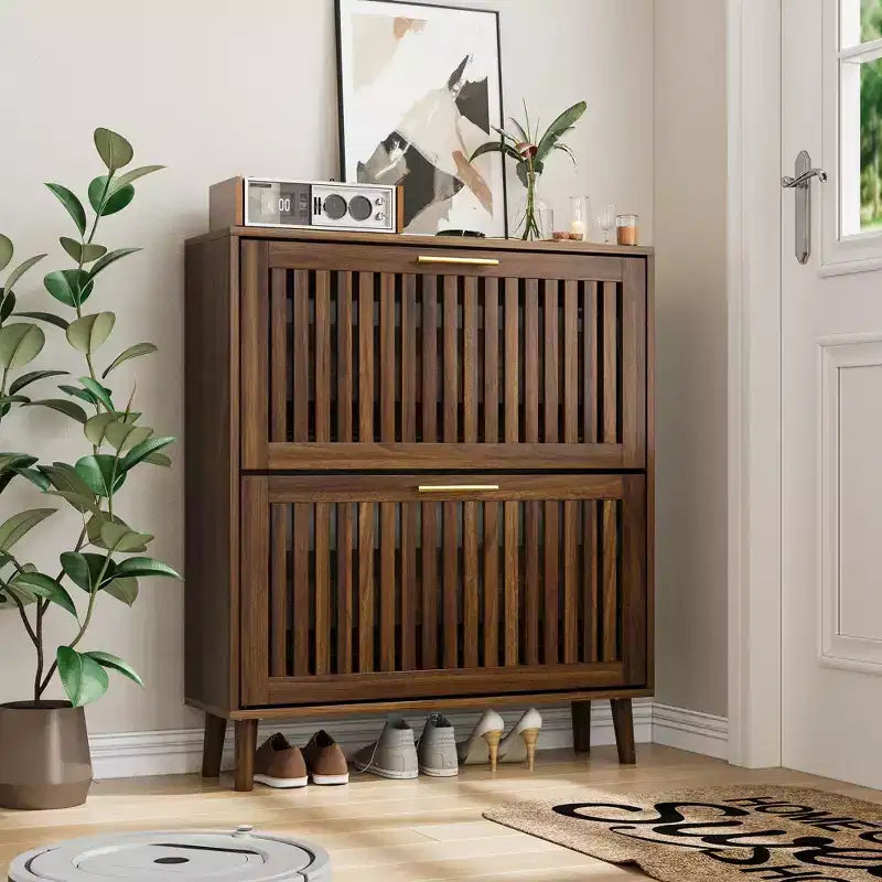 JVNOXK Meuble à chaussures autoportant de style Mid-Century Moderne de 80 cm avec 2 tiroirs basculants, rangement à chaussures style clôture pour couloirs et entrées