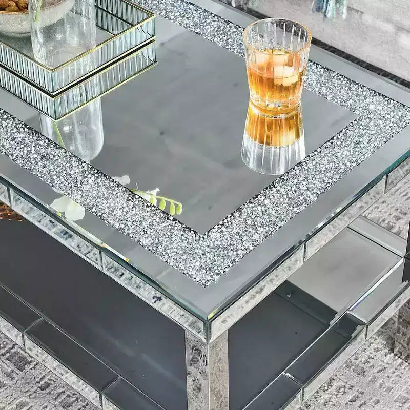Table basse moderne à 2 niveaux en cristal avec cadre en acier inoxydable et 4 pieds en acier inoxydable à façade miroir pour bureau à domicile, salon