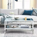 Table basse moderne à 2 niveaux en cristal avec cadre en acier inoxydable et 4 pieds en acier inoxydable à façade miroir pour bureau à domicile, salon