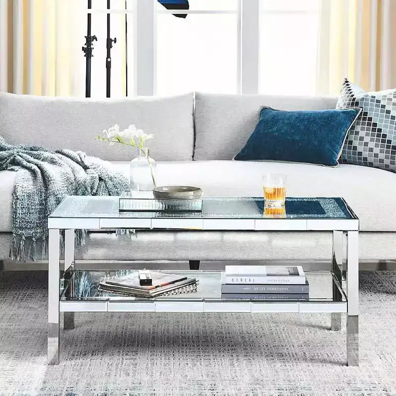 Table basse moderne à 2 niveaux en cristal avec cadre en acier inoxydable et 4 pieds en acier inoxydable à façade miroir pour bureau à domicile, salon