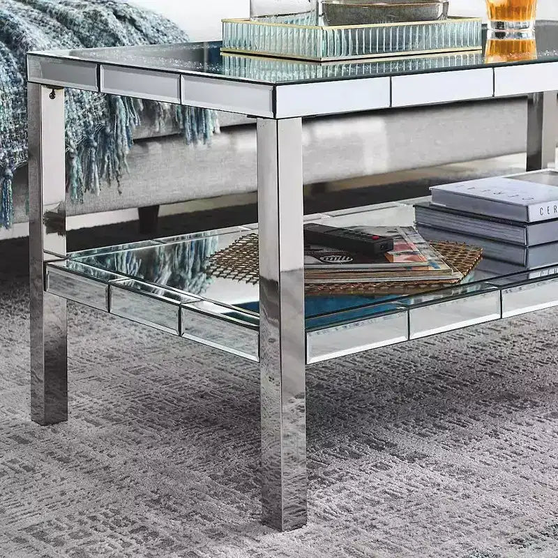 Table basse moderne à 2 niveaux en cristal avec cadre en acier inoxydable et 4 pieds en acier inoxydable à façade miroir pour bureau à domicile, salon