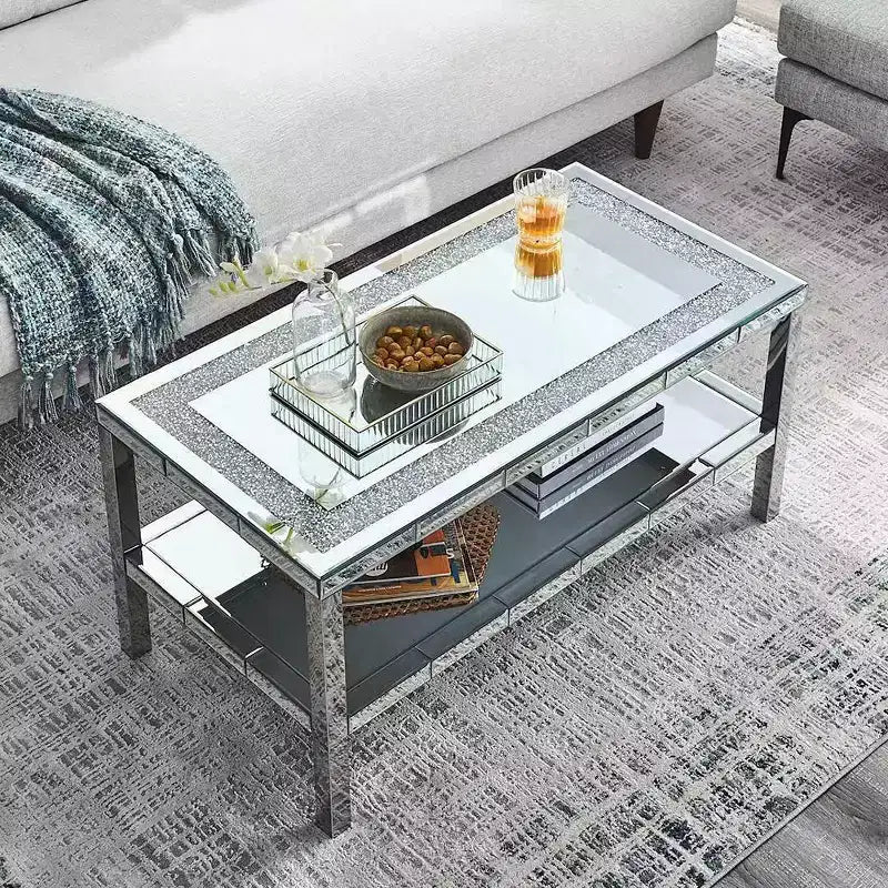 Table basse moderne à 2 niveaux en cristal avec cadre en acier inoxydable et 4 pieds en acier inoxydable à façade miroir pour bureau à domicile, salon