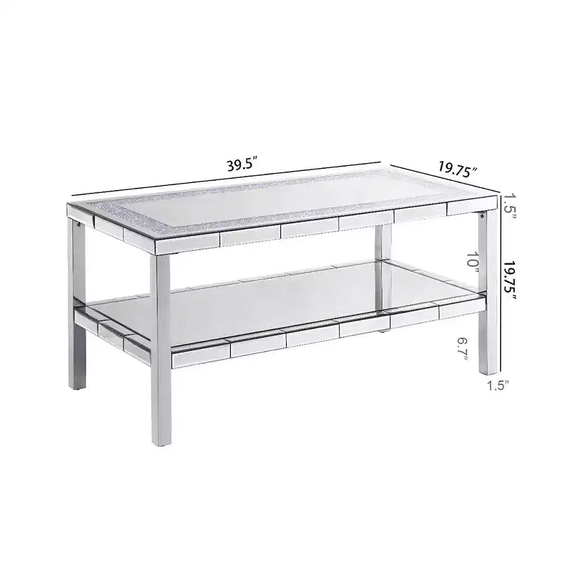 Table basse moderne à 2 niveaux en cristal avec cadre en acier inoxydable et 4 pieds en acier inoxydable à façade miroir pour bureau à domicile, salon