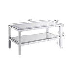 Table basse moderne à 2 niveaux en cristal avec cadre en acier inoxydable et 4 pieds en acier inoxydable à façade miroir pour bureau à domicile, salon