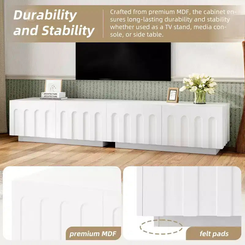 MAYEERTY Meuble TV Blanc Élégant, Console Multimédia Design Arc avec 4 Tiroirs pour TV 80"