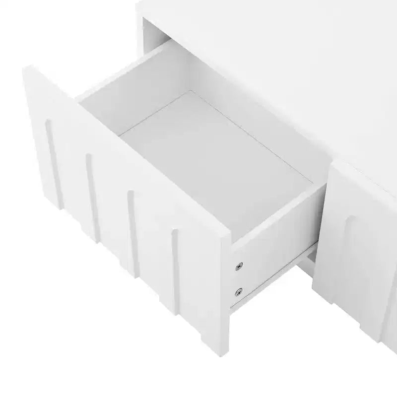 MAYEERTY Meuble TV Blanc Élégant, Console Multimédia Design Arc avec 4 Tiroirs pour TV 80"
