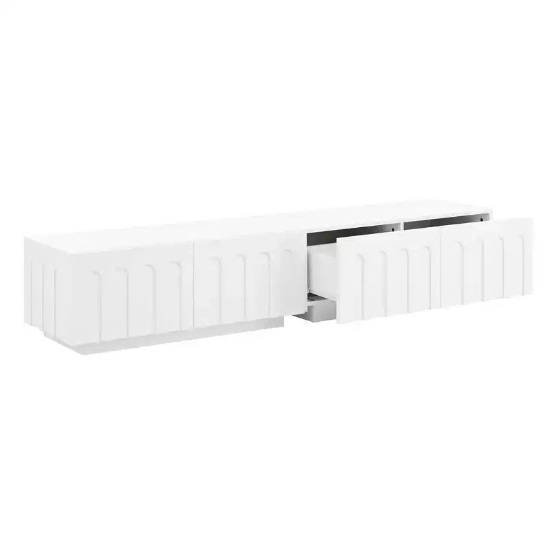 MAYEERTY Meuble TV Blanc Élégant, Console Multimédia Design Arc avec 4 Tiroirs pour TV 80"