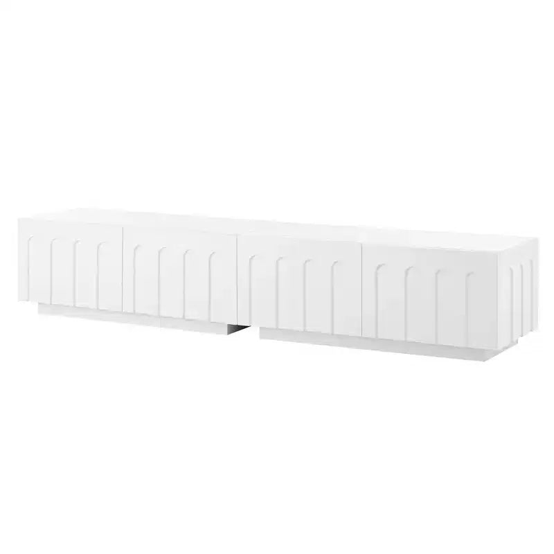 MAYEERTY Meuble TV Blanc Élégant, Console Multimédia Design Arc avec 4 Tiroirs pour TV 80"
