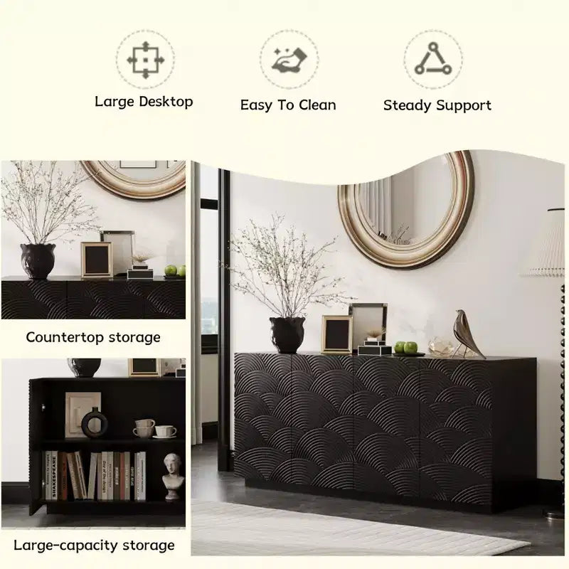Buffet bahut moderne du milieu du siècle, 152 cm, avec rangement, étagères réglables, motif géométrique, meuble TV pour salon