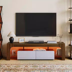 Modern LED TV Stand for TVs up to 70 Inch C White Wooden Entertainment Console with RGB Lighting, 2 Drawers, Adjustable Transparent Shelves