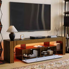 Meuble TV LED moderne pour téléviseurs jusqu'à 70 pouces, console de divertissement en bois blanc avec éclairage RVB, 2 tiroirs, étagères transparentes réglables