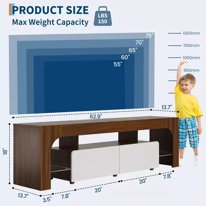 Meuble TV LED moderne pour téléviseurs jusqu'à 70 pouces, console de divertissement en bois blanc avec éclairage RVB, 2 tiroirs, étagères transparentes réglables